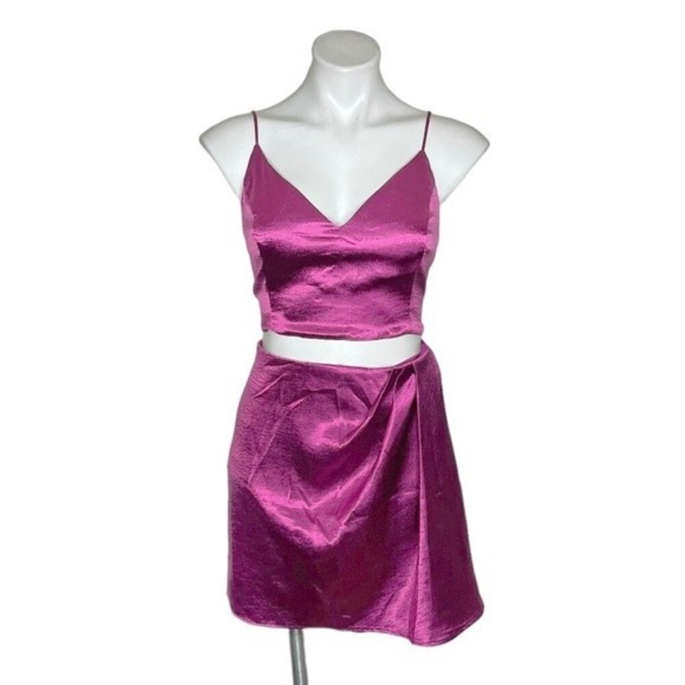 EXPRESS 2 Piece Skirt Crop Top Shiny Magenta Faux Wrap Sexy Mini